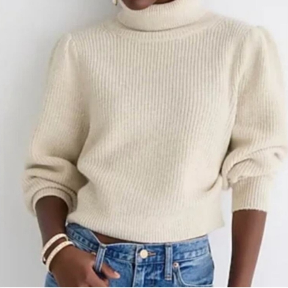 J.Crew Beige Merino Wool Acrylic Mock Neck Puff Sleeves Crop Pullover Sweater